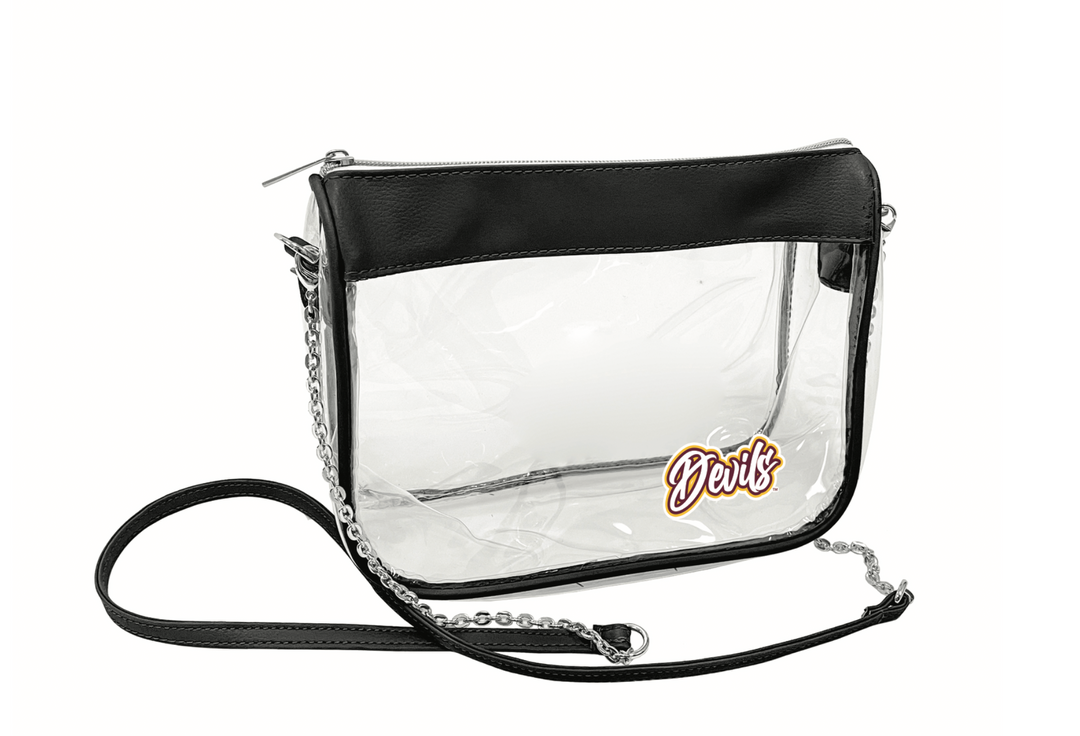 Clear bag with black outline and white 'Devils' in cursive with maroon and gold outline