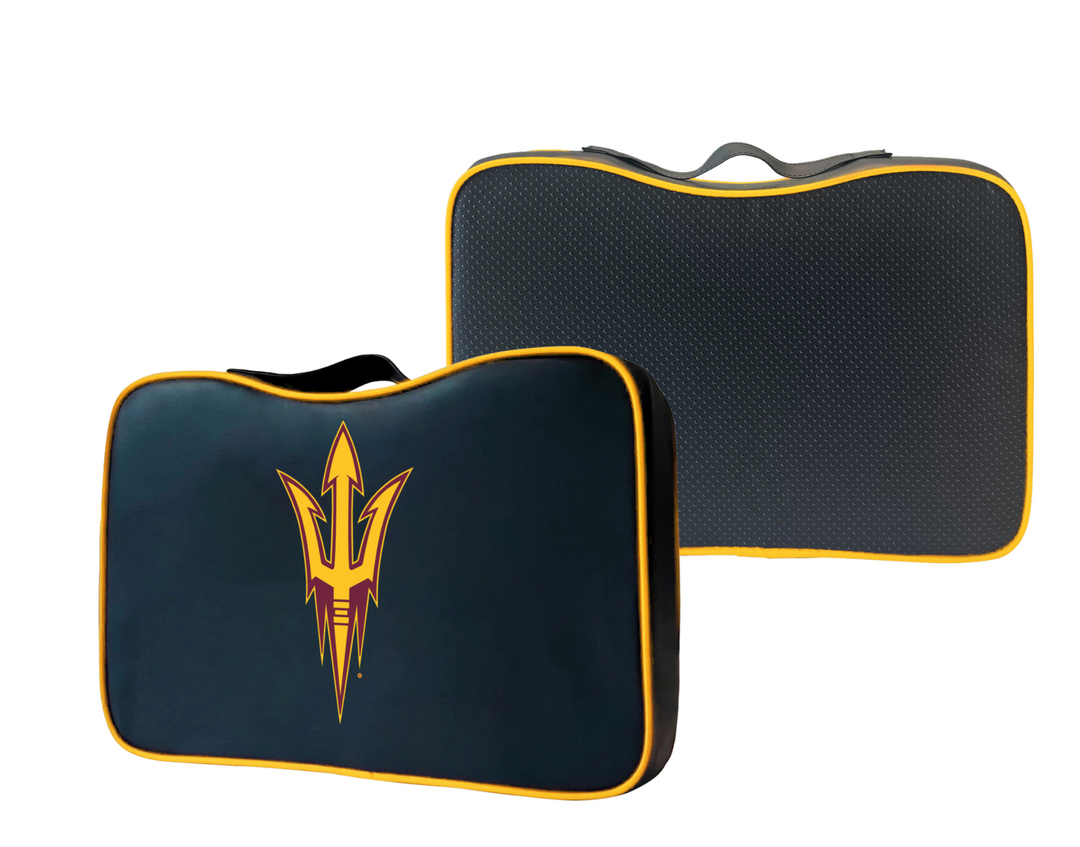 Front and back of cushioned seat, outlined in gold with maroon and gold pitchfork on front.