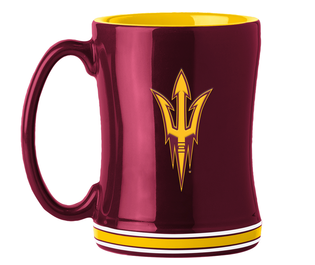 Maroon mug with gold inside and maroon and gold pitchfork