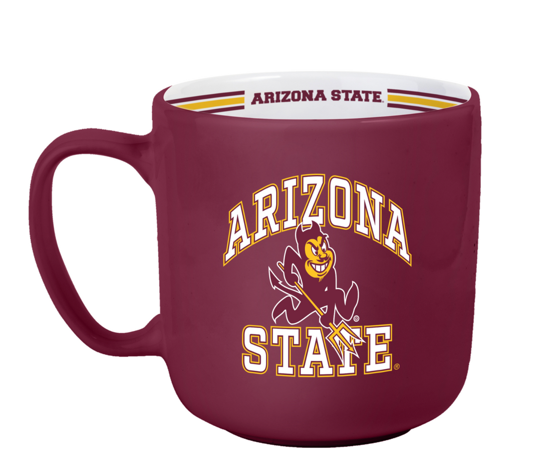 maroon coffee mug with 'Arizona State' with charging Sparky and white inside.