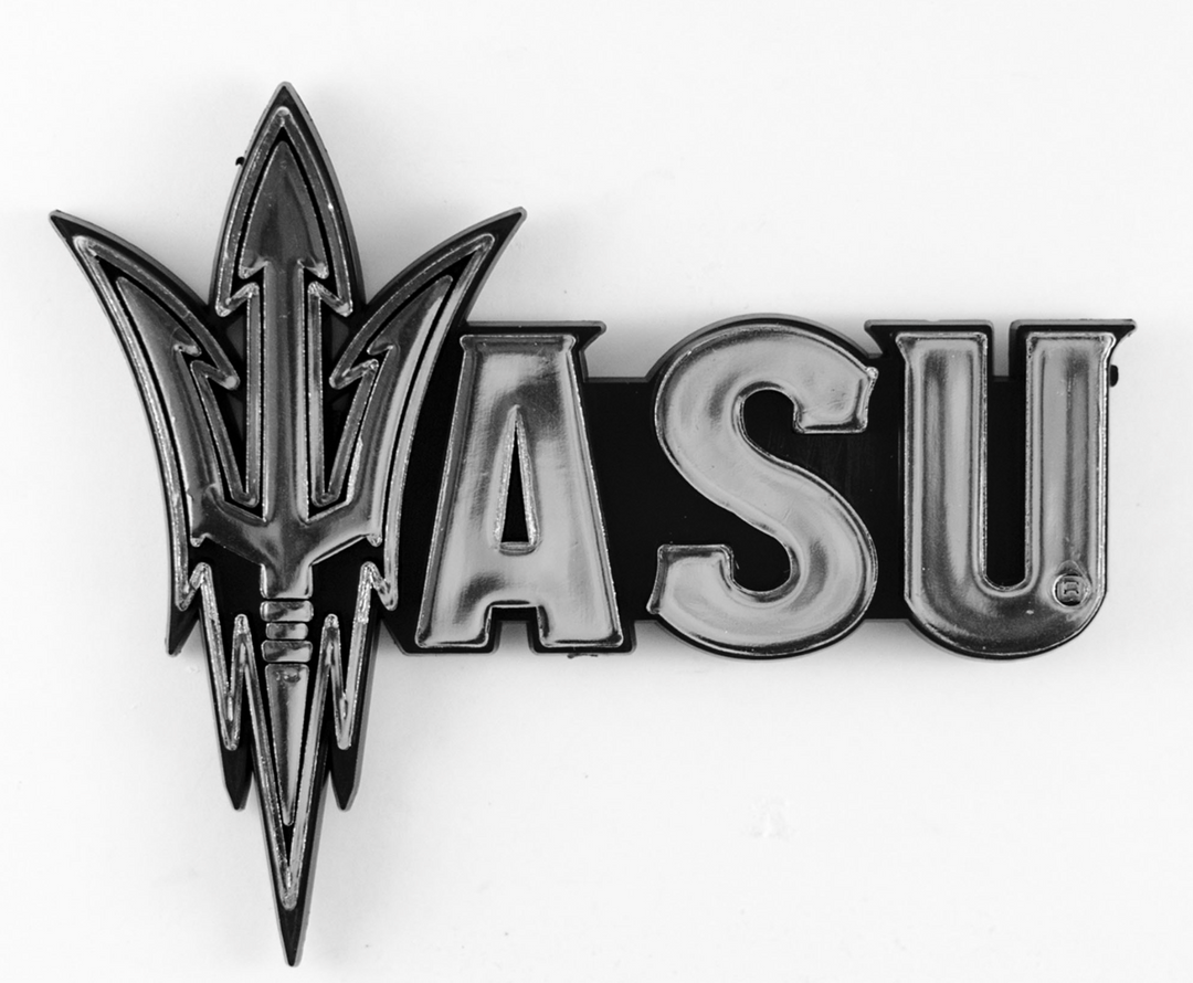 Metallic emblem with pitchfork and 'ASU' 