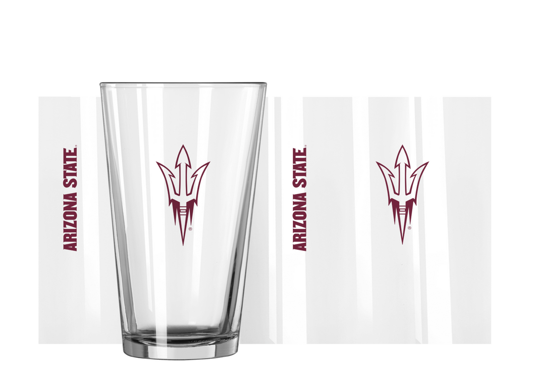 Clear pint glass with maroon pitchfork