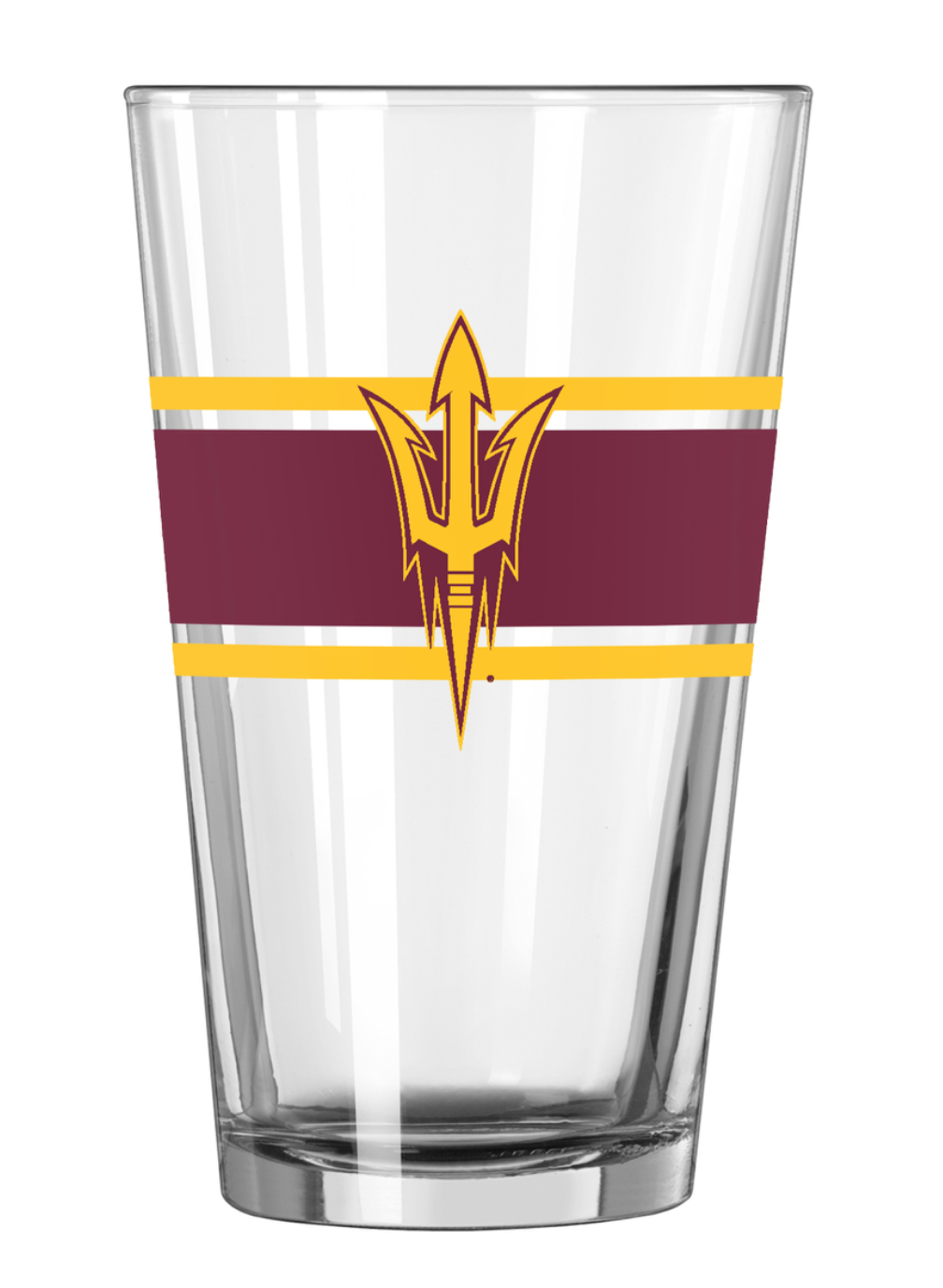 Clear pint glass with maroon and gold pitchfork and maroon and gold stripes.