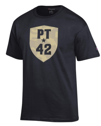 Black tee with army print shield on the chest and 'PT 42' in black print inside.