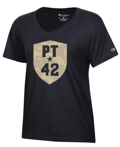 Black tee with army print shield on the chest and 'PT 42' in black print inside.