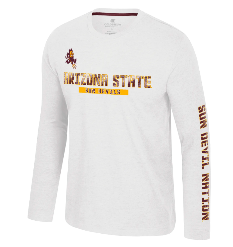 Long sleeve white tee with mascot and 'Arizona State Sun Devils' across the chest.