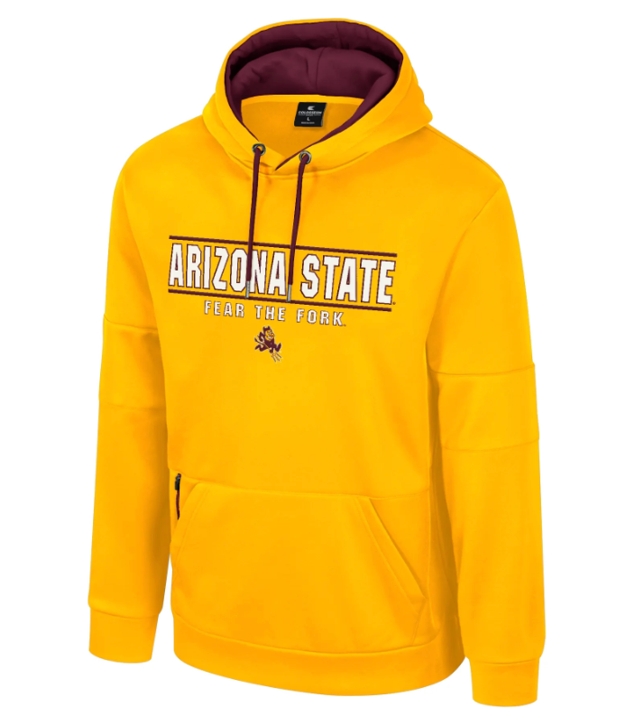 Gold hoody with 'Arizona State Fear the Fork' across the chest