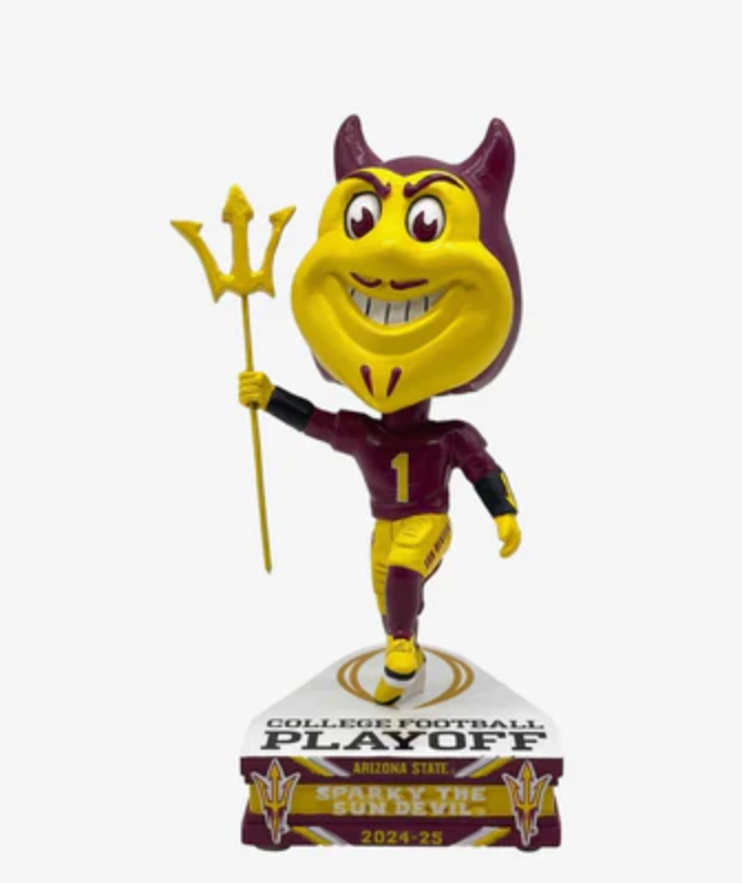 Bobblehead figure of a mascot holding a trident on a white background