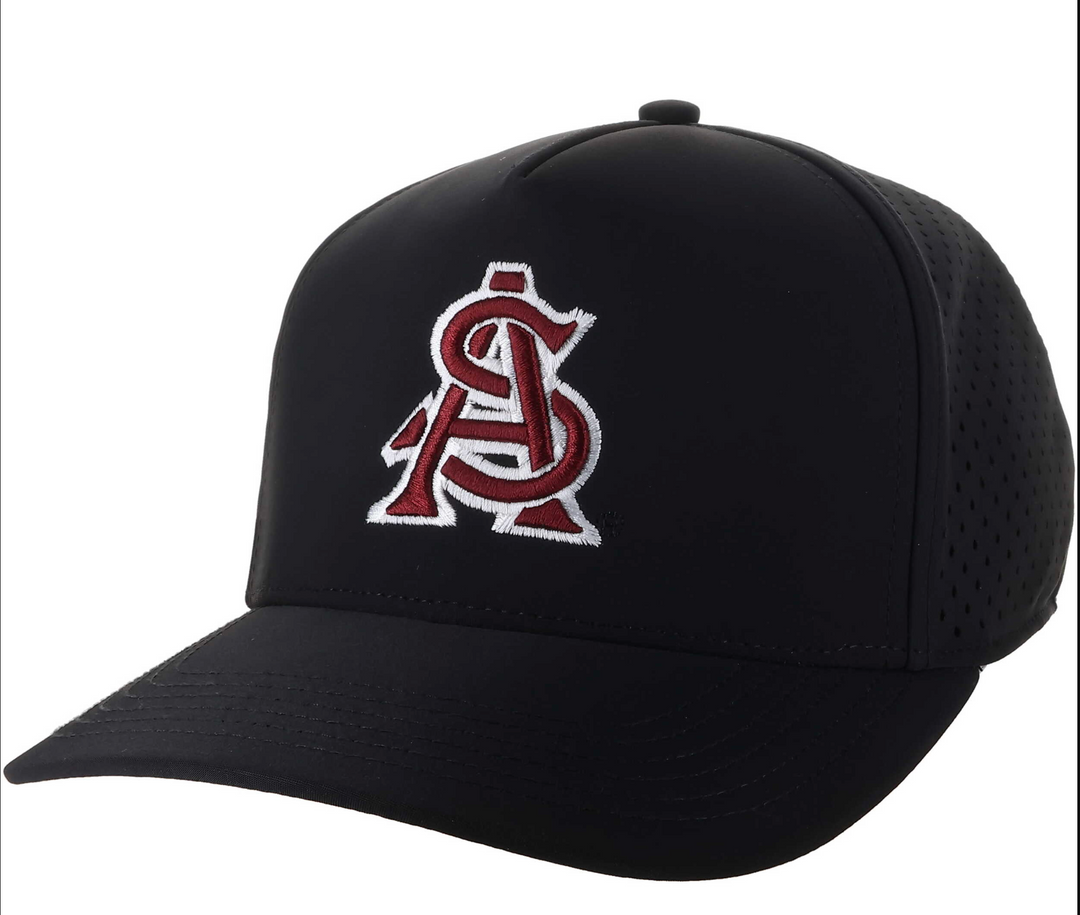 Black structured hat with A&S logo, maroon text, white outline