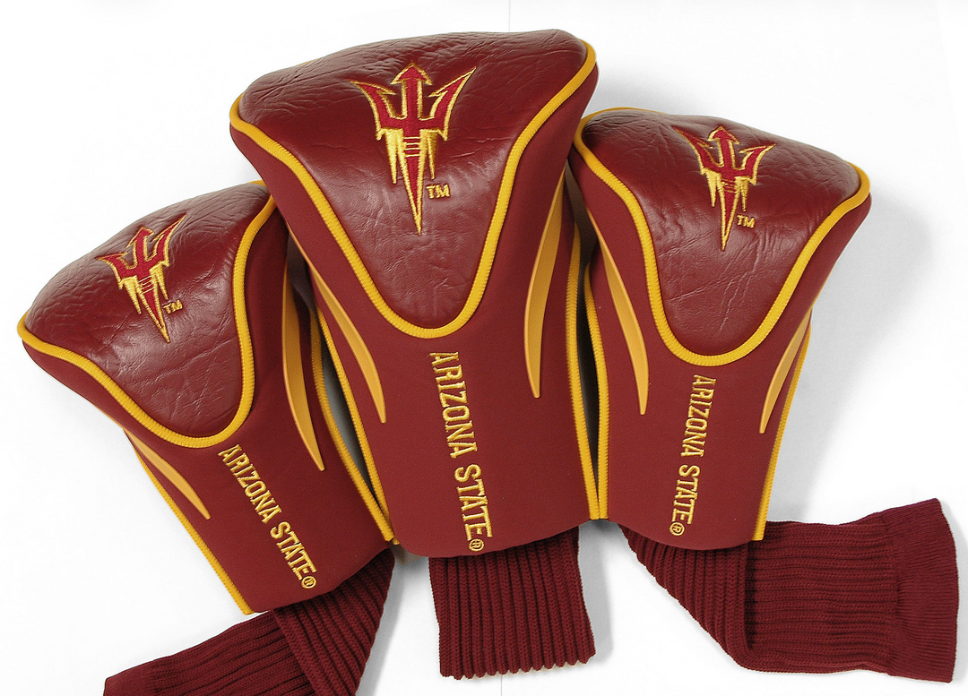 Three maroon golf club head covers with gold accents and &