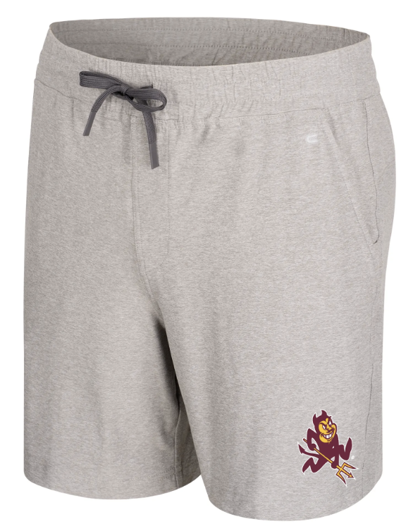 Light heather gray drawstring shorts with a small Arizona State Sun Devils logo on the lower left leg, shown against a plain white background.