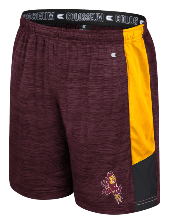 Maroon, gold and black shorts with mascot on the leg