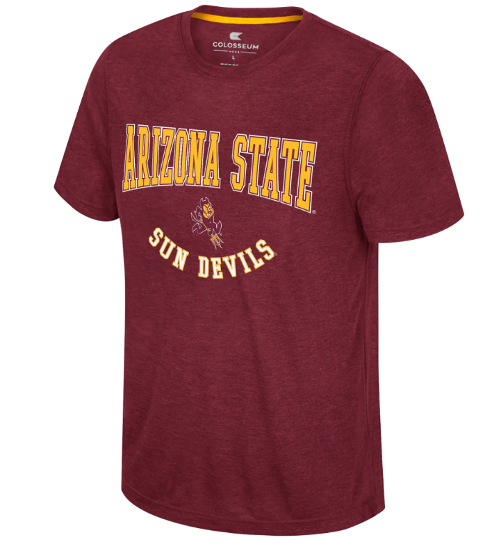 A heather maroon short-sleeve t-shirt with &