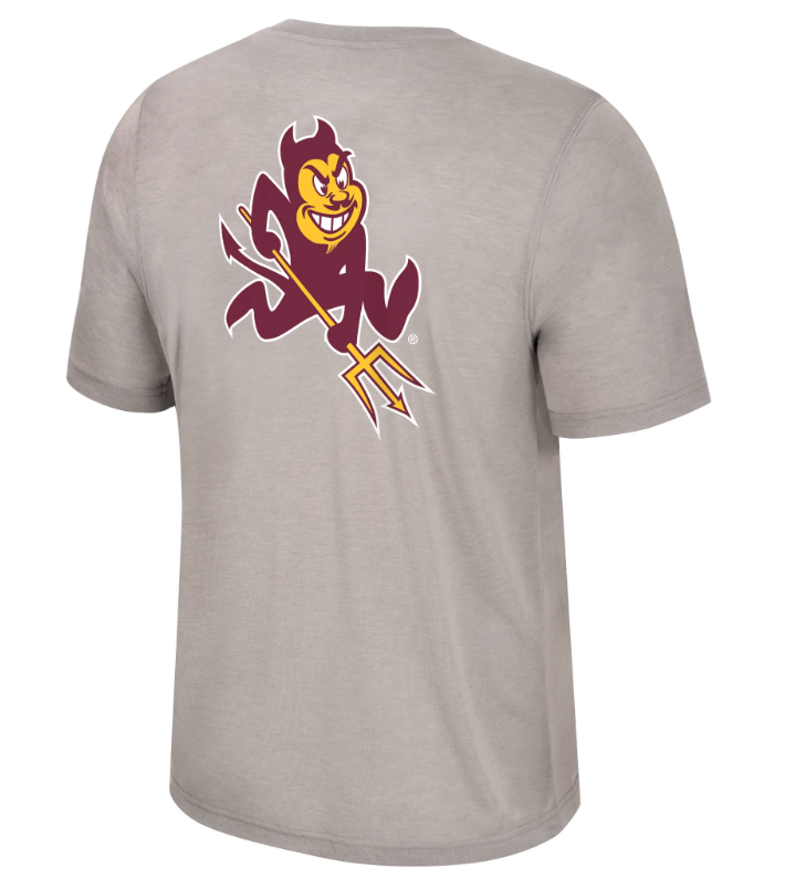 A heather gray short-sleeve t-shirt showing the back, which features a large graphic of the Arizona State Sun Devils devil mascot holding a gold trident.