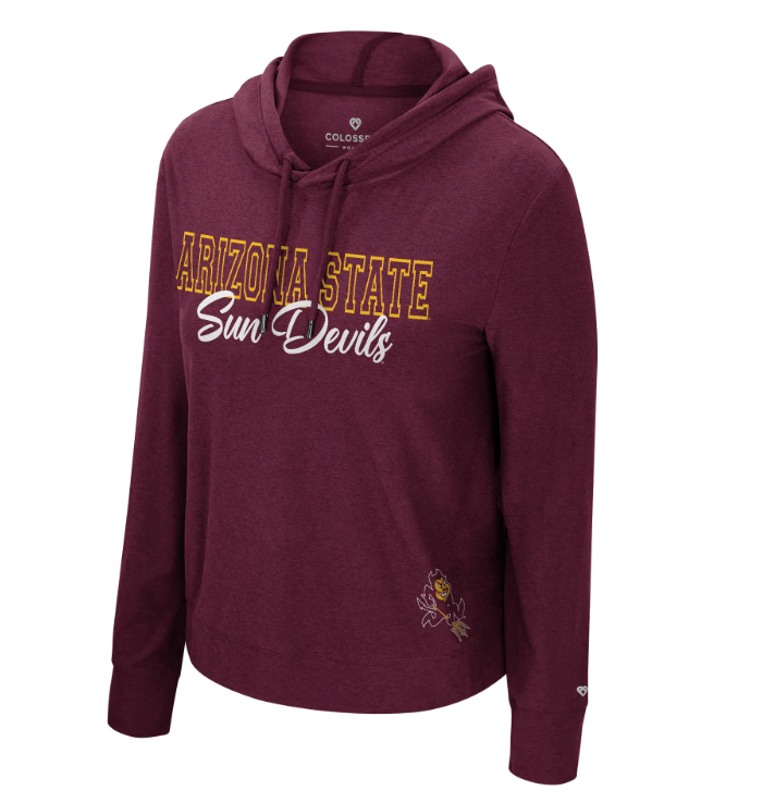 A maroon heathered pullover hoodie featuring &
