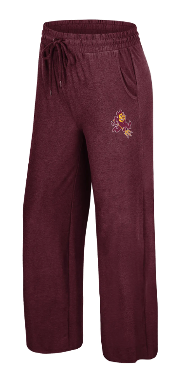 Heathered burgundy wide-leg lounge pants with an elastic drawstring waist and a small embroidered mascot logo on the left thigh, shown against a plain white background.