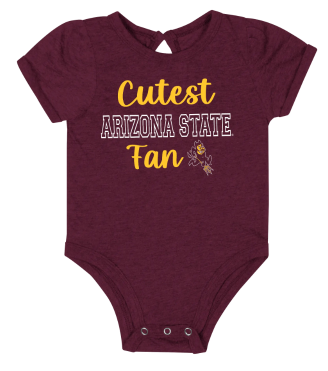 A heathered maroon baby bodysuit with &