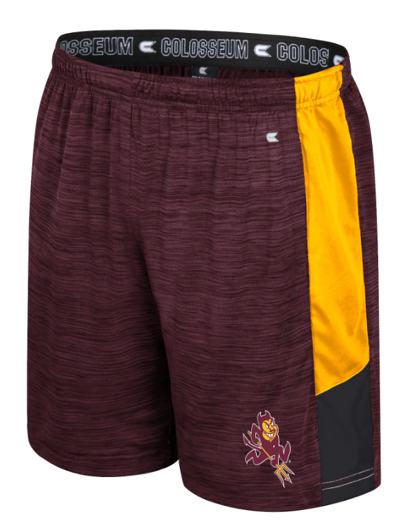 Maroon, gold, and black shorts with mascot on the leg
