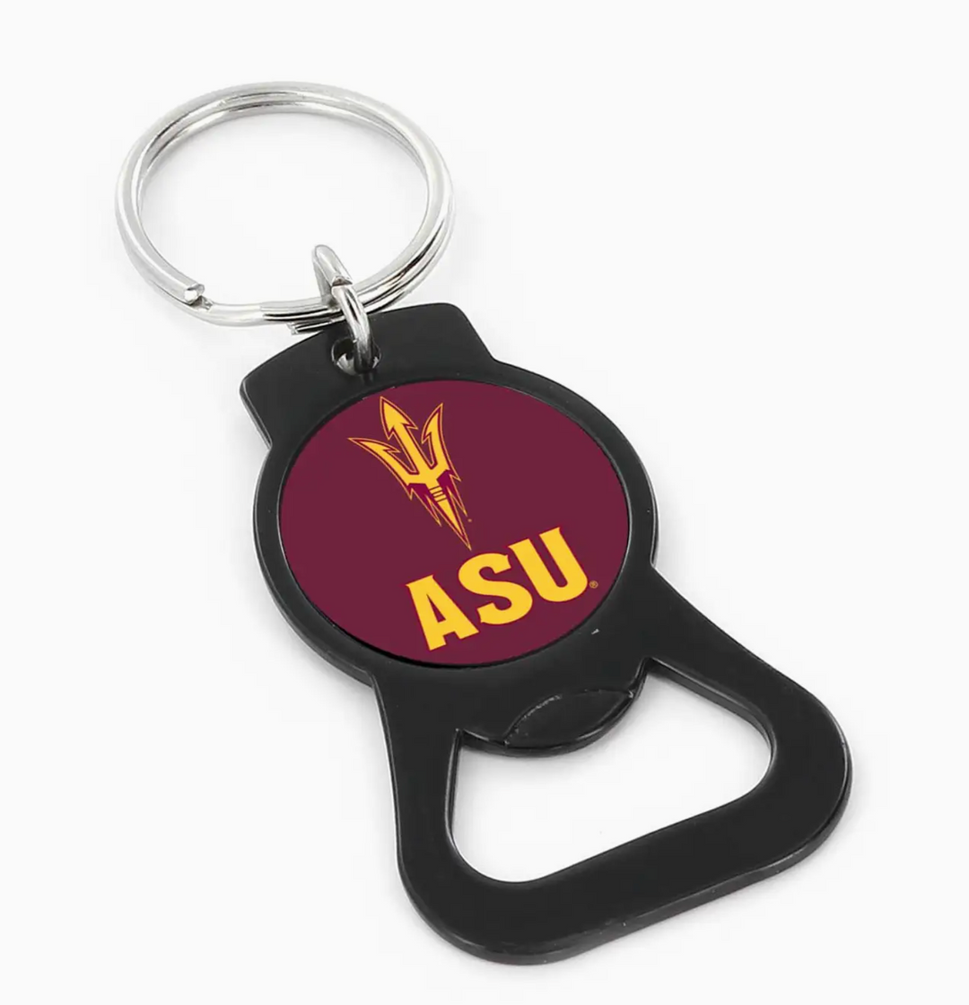 black metal bottle opener with maroon emblem and gold pitchfork and ASU on keyring 