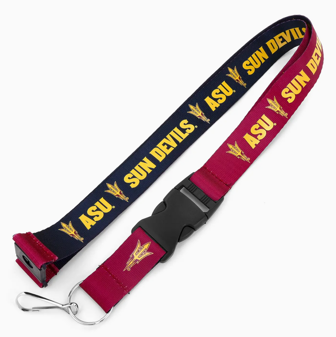 Maroon and black lanyard with ASU Sun Devils and pitchfork in gold