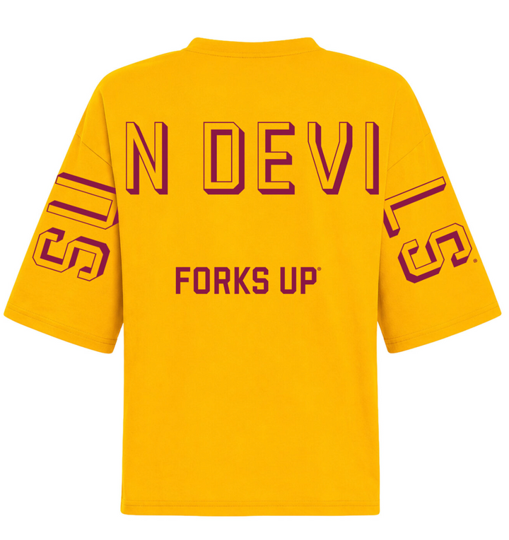 Gold tee with Sun Devils in maroon outline across the shoulders and back and Forks Up in maroon on midback