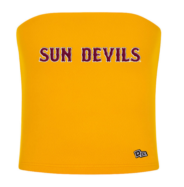 Gold tube top with maroon sun devils across the chest