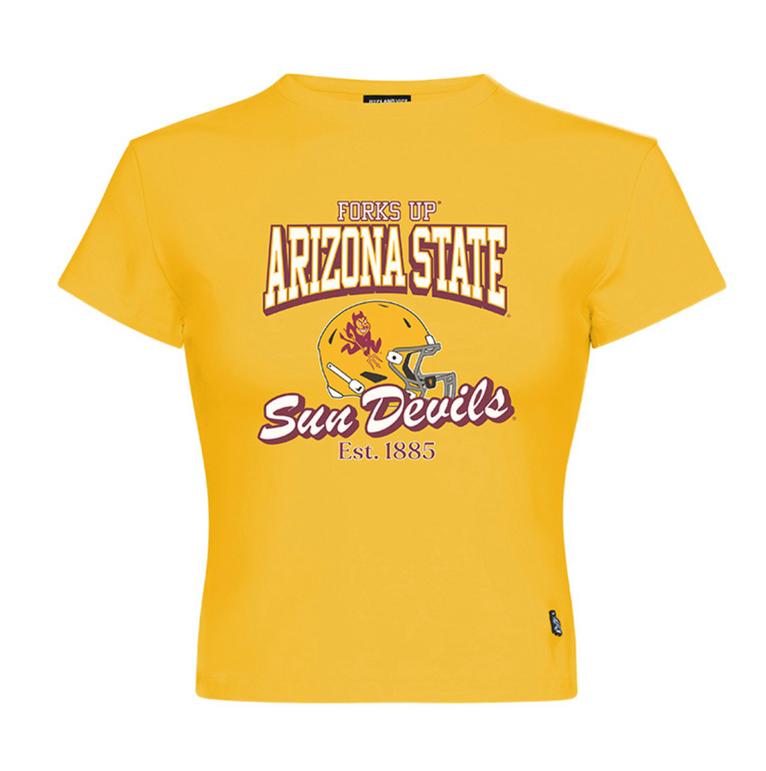 Gold tee with Forks Up Arizona State Sun Devils Est. 1885 in maroon and white with mascot helmet.