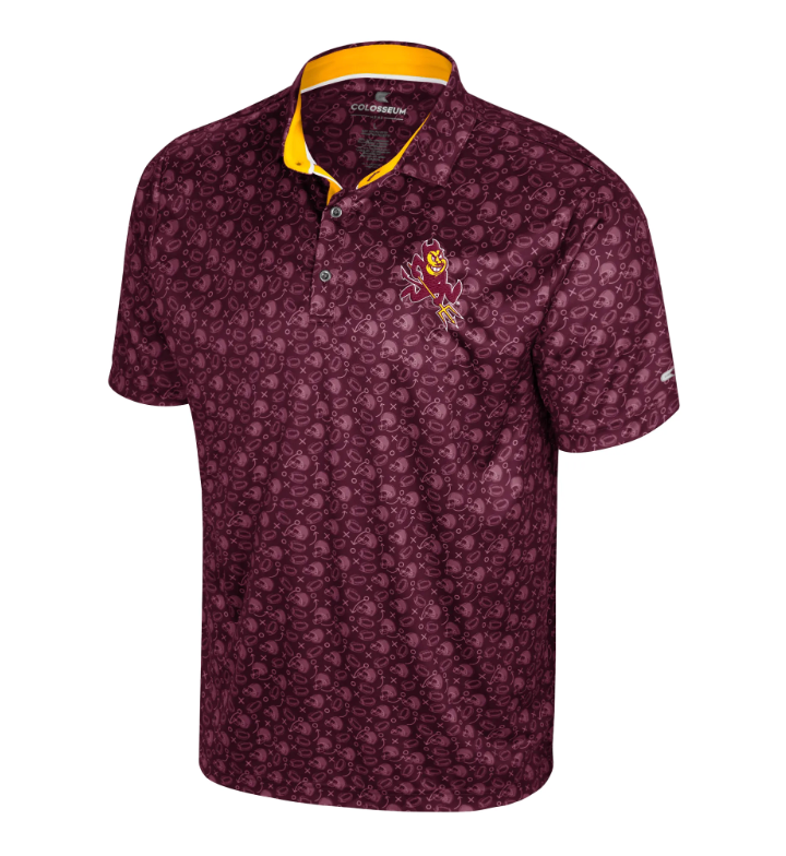 A short-sleeve polo shirt in maroon with an allover tonal paisley pattern, featuring a yellow inner collar, a three-button placket, and a Kansas State Cowboys mascot logo embroidered on the left chest.