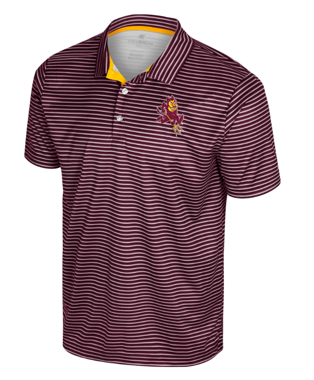 A short-sleeve polo shirt with horizontal burgundy and white stripes, featuring a yellow inner collar, a two-button placket, and a small embroidered logo on the left chest.