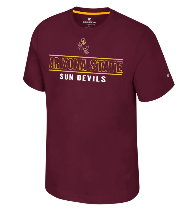 A maroon short-sleeve crewneck t-shirt featuring the Arizona State Sun Devils logo and text on the front, with a visible Champion brand logo on the right sleeve.