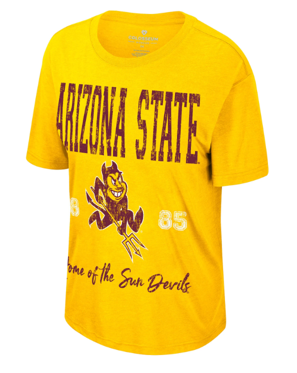 Gold tee with Arizona State and estb. year 1885 and Home of the Sun Devils in Maroon
