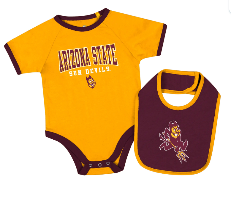 Gold onesie with Arizona State Sun Devils on the chest with maroon bib with charging mascot on front