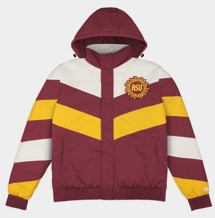 Maroon, white, and gold with ASU sunburst on the left breast and hood