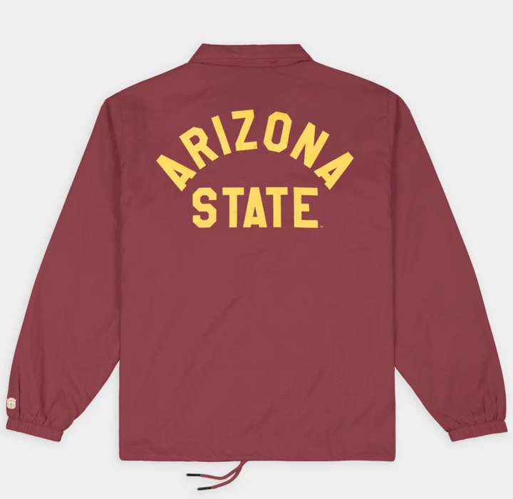 Maroon bomber jacket with gold Arizona State across the back