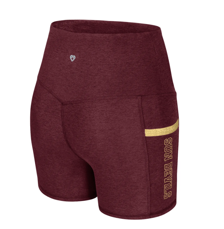 Maroon athletic shorts with gold accents on a white background
