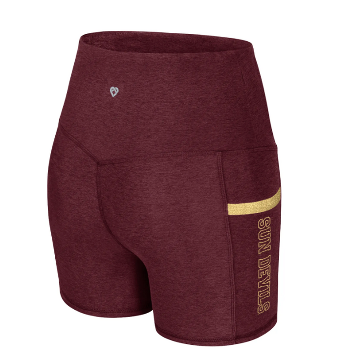 Maroon athletic shorts with gold accents on a white background