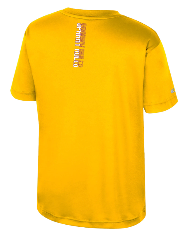 Yellow t-shirt with branding on the back against a white background