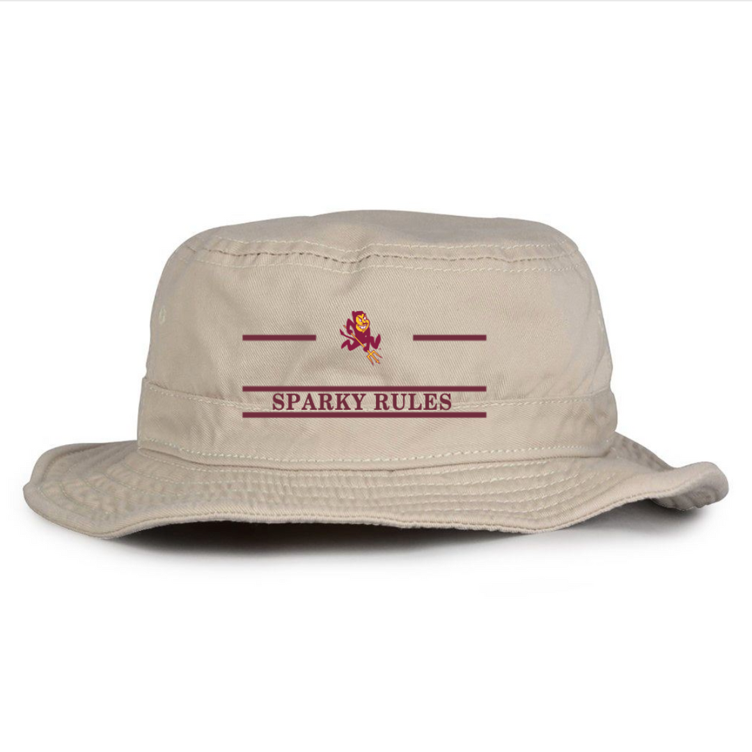 Beige bucket hat with 'Sparky Rules' text and sparky