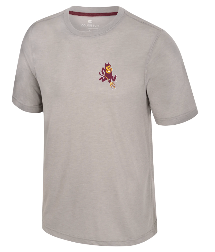 A heather gray short-sleeve t-shirt with a small embroidered Arizona State Sun Devils mascot logo on the left chest, displayed on a clean white background.