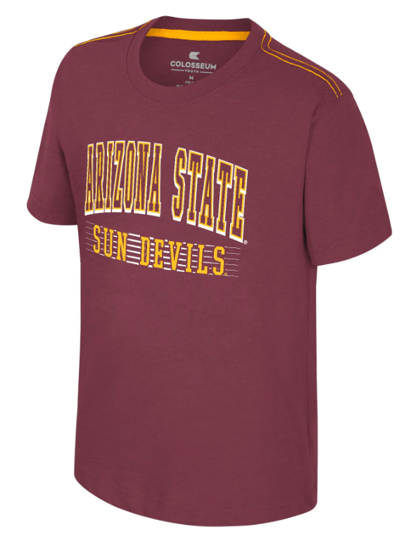 A maroon short-sleeve t-shirt with &