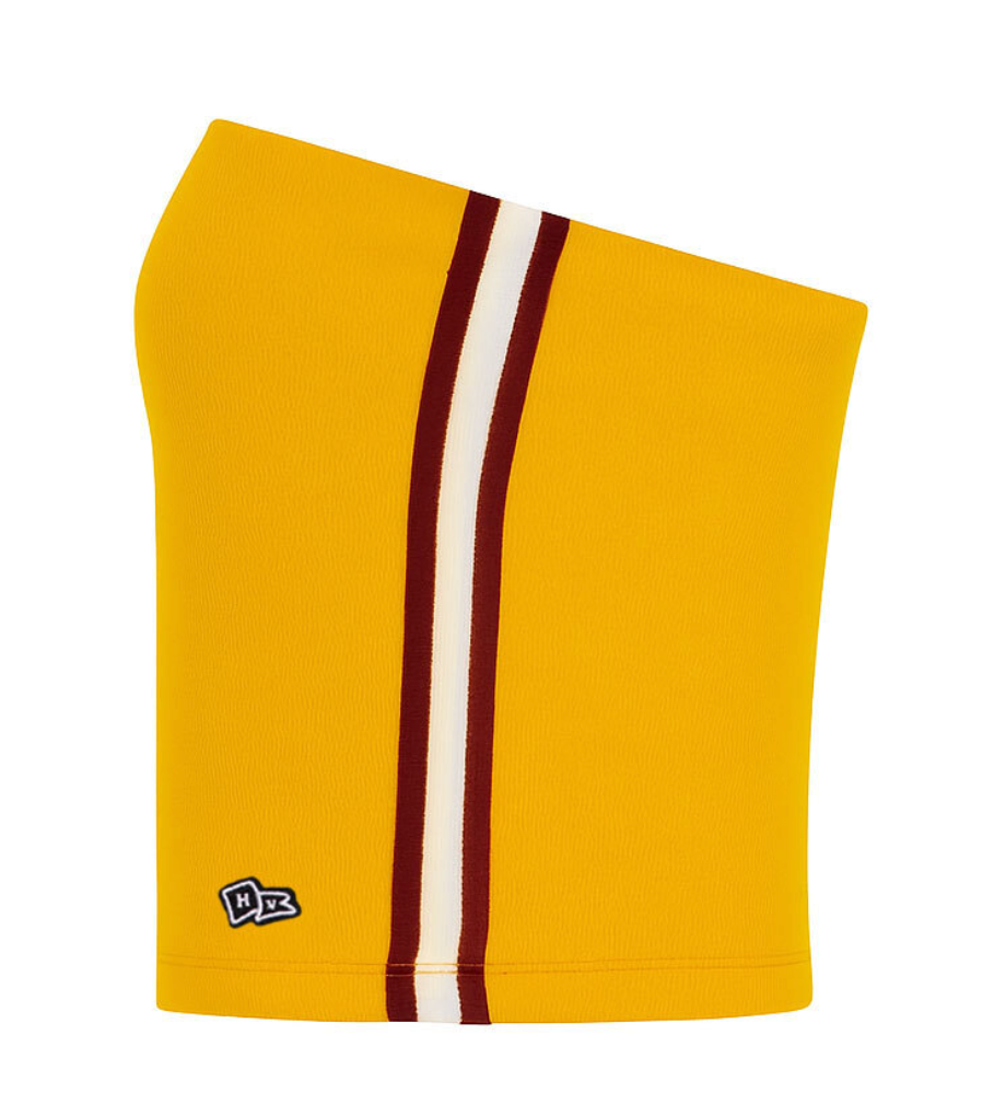 Gold tube top with maroon and white stripes down the side