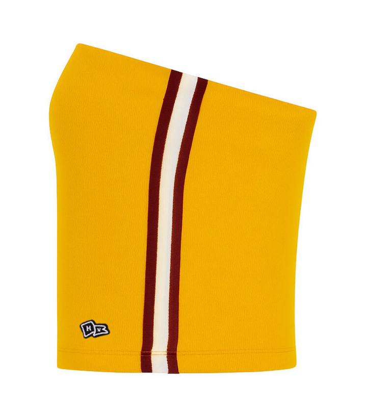 Gold tube top with maroon and white stripes down the side