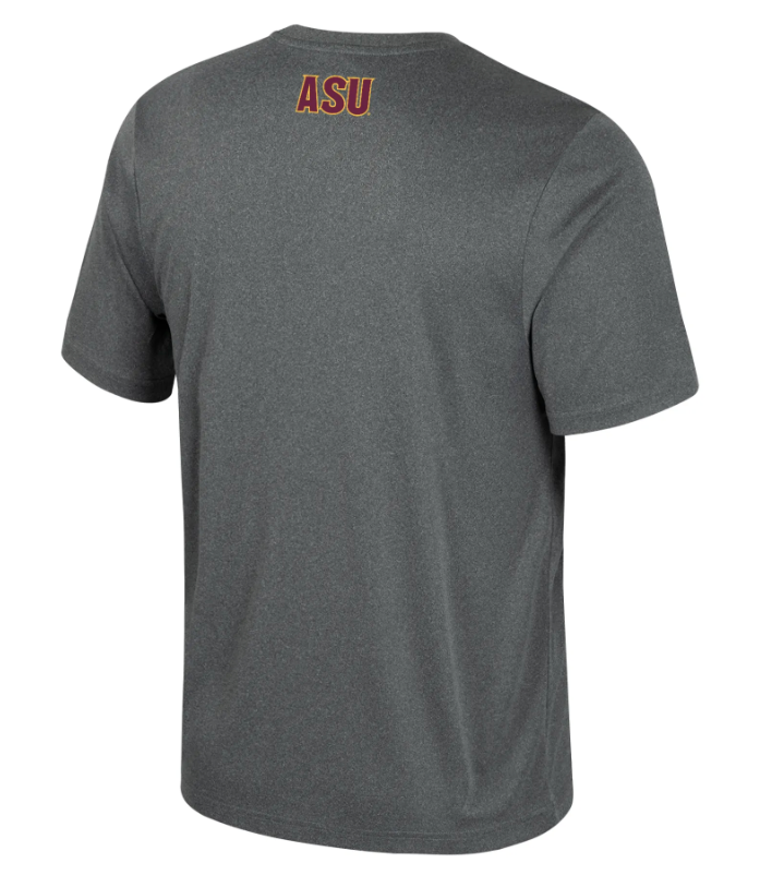 A dark heather gray short-sleeve t-shirt shown from the back, featuring the letters &