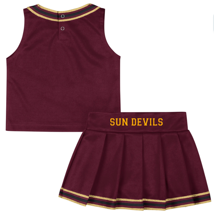 A two-piece toddler cheerleader outfit set featuring a sleeveless henley top and a pleated skirt in maroon with gold and white trim details. The top has a three-button placket, and the skirt features &