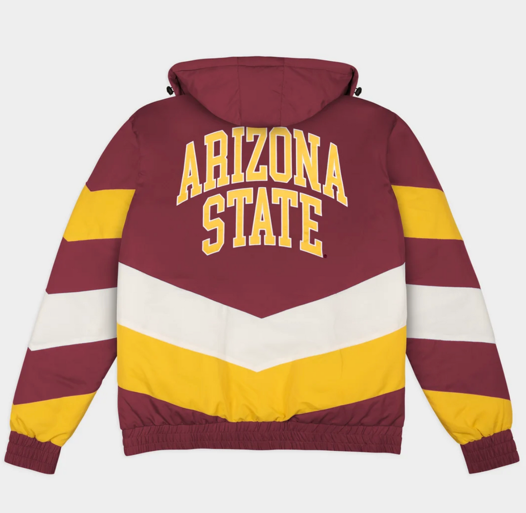Maroon, white, and gold jack with hood and Arizona State across the back