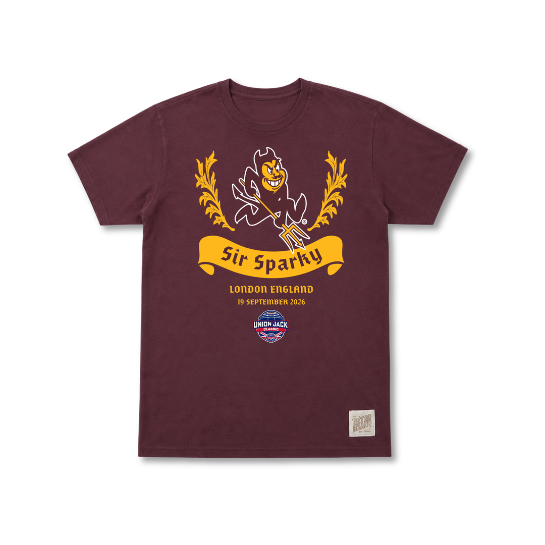 Maroon tee with Sparky the Sun Devil. Text says "Sir Sparky" London England 19 September 2026
