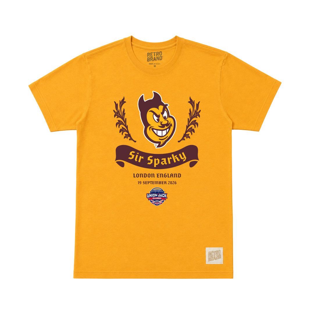 gold tee with Sir Sparky design on front with details of Union Jack Classic game