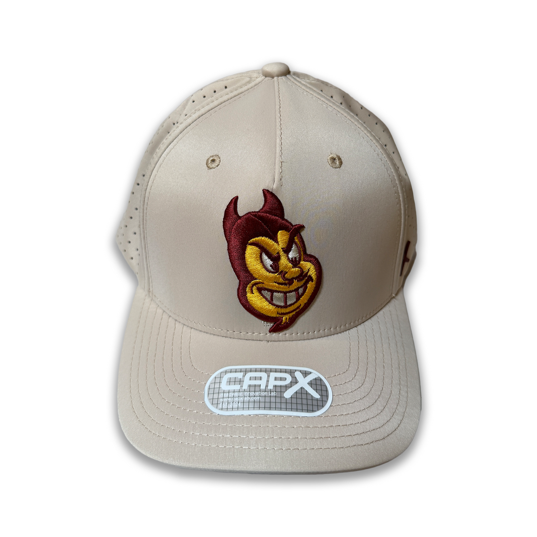 Tan structured hat with Sparky face logo
