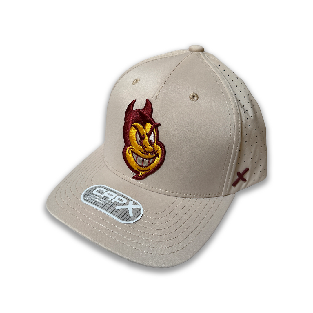 Tan structured hat with Sparky face logo