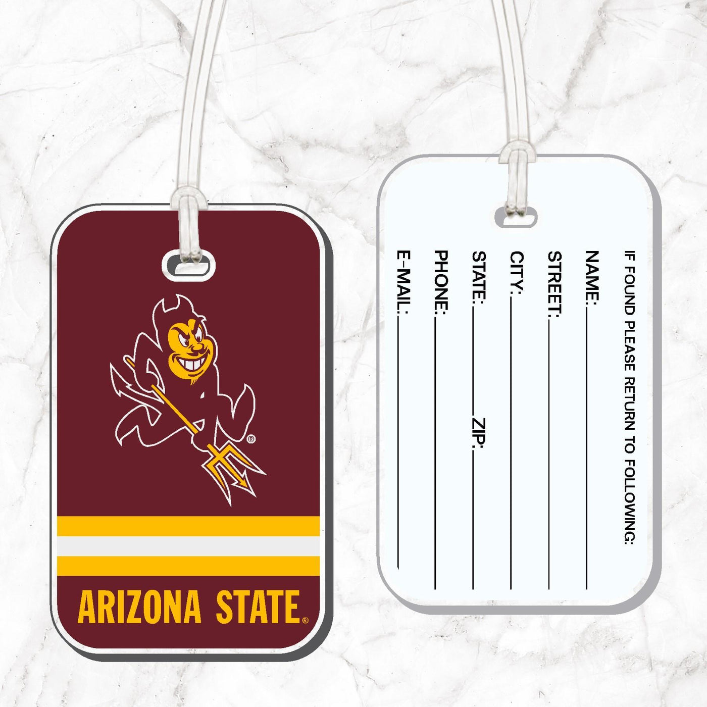 Two luggage tags with Arizona State logo and contact information on a marble background